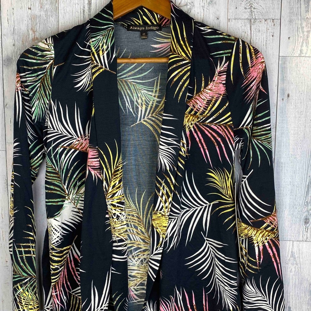 Always Indigo Tropical Shawl Collar Open Sweater Medium NWT